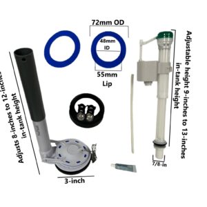 Fully Height Adjustable Fill Valve and Flush Valve Kit for 3.15-inch Two-Piece Toilets with 2 Extra Seals