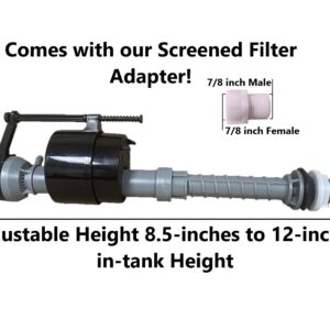 Universal 7/8-inch Bottom Water Fed Toilet Fill Valve with Adjustable Height 8.5-inches to 12-inches and Filtered Screen Adapter for Hard Water
