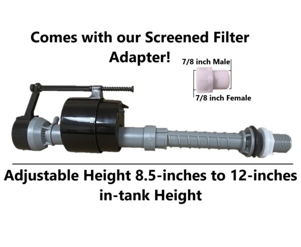 Universal 7/8-inch Bottom Water Fed Toilet Fill Valve with Adjustable Height 8.5-inches to 12-inches and Filtered Screen Adapter for Hard Water